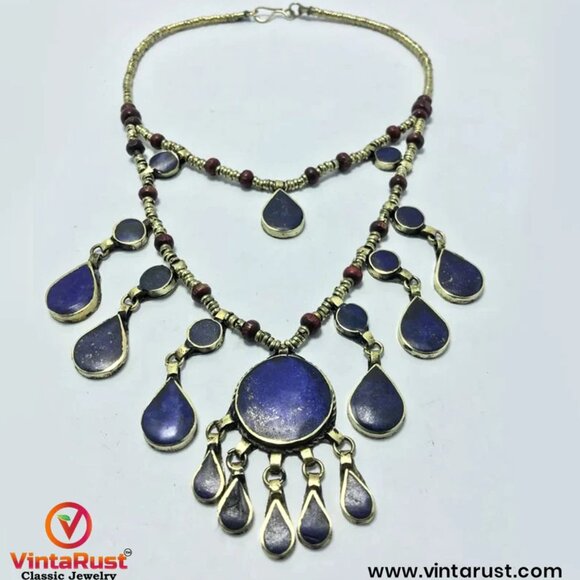 Two Layers Tribal Stones Vintage Necklace, Afghan Metal and Wooden Beaded Chain - Picture 2 of 8